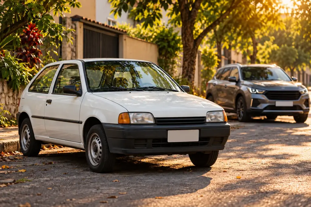Carro popular branco e simples ao lado de um SUV moderno em rua de bairro: o fim do carro popular e o carro mais barato do Brasil