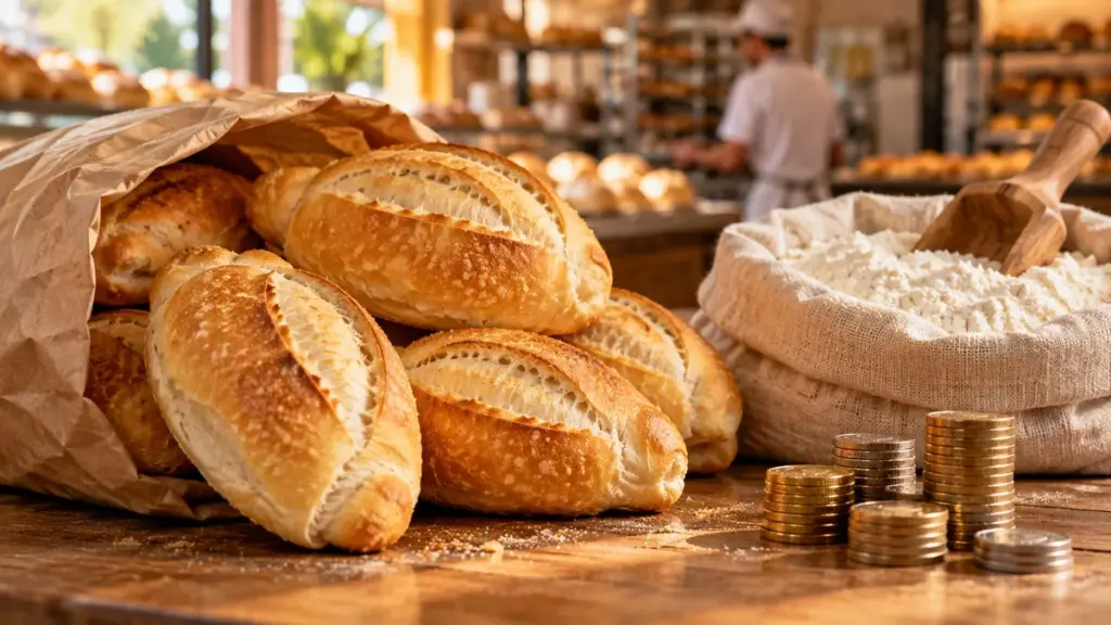 Pães franceses em saco de papel ao lado de um saco de farinha de trigo e moedas no balcão da padaria: preço do pão francês x farinha