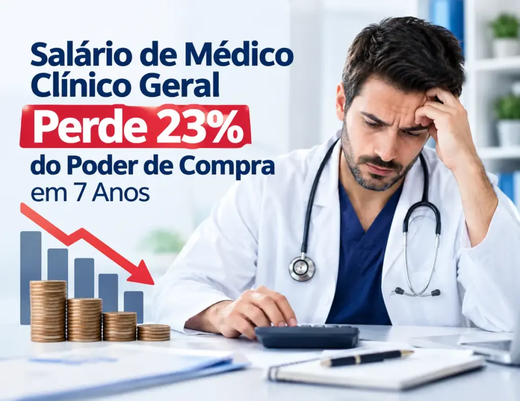 Médico clínico geral preocupado fazendo contas na calculadora, com gráfico de queda: salário perde 23% do poder de compra em 7 anos