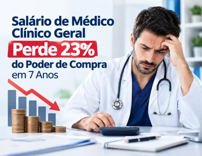 Médico clínico geral preocupado fazendo contas na calculadora, com gráfico de queda: salário perde 23% do poder de compra em 7 anos