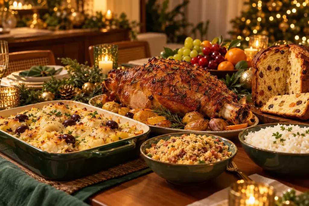 Mesa de ceia de Natal com pernil, farofa, arroz, frutas e panetone: preços da ceia de Natal 2026