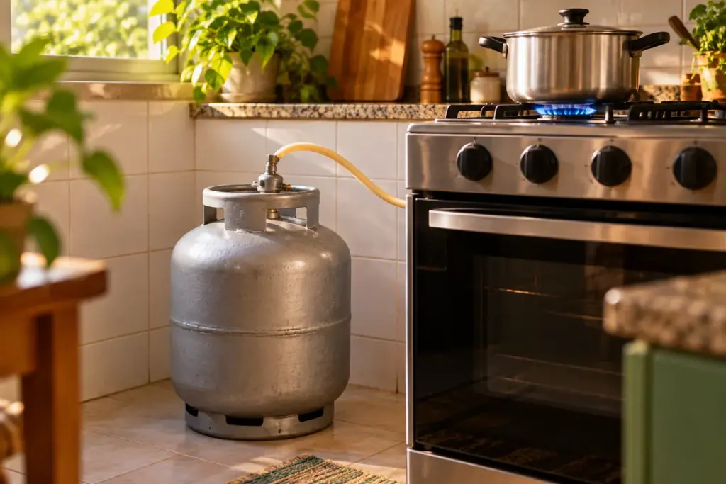 Botijão de gás de cozinha ao lado de fogão com chama acesa: preço do botijão de gás de 13 kg