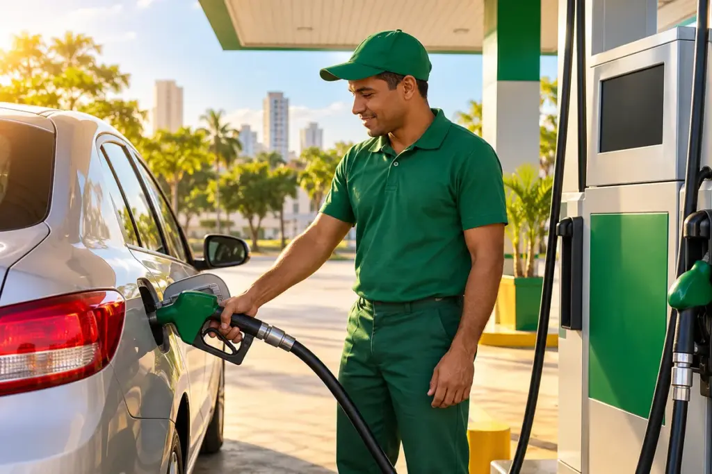 Frentista abastecendo carro em posto de combustível: preço da gasolina em 25 anos
