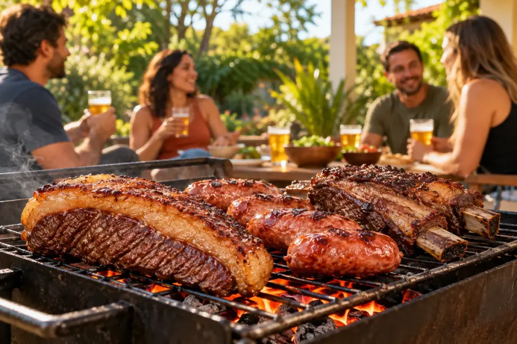 Churrasqueira com picanha, linguiça e costela na grelha e amigos reunidos: quanto custa um churrasco