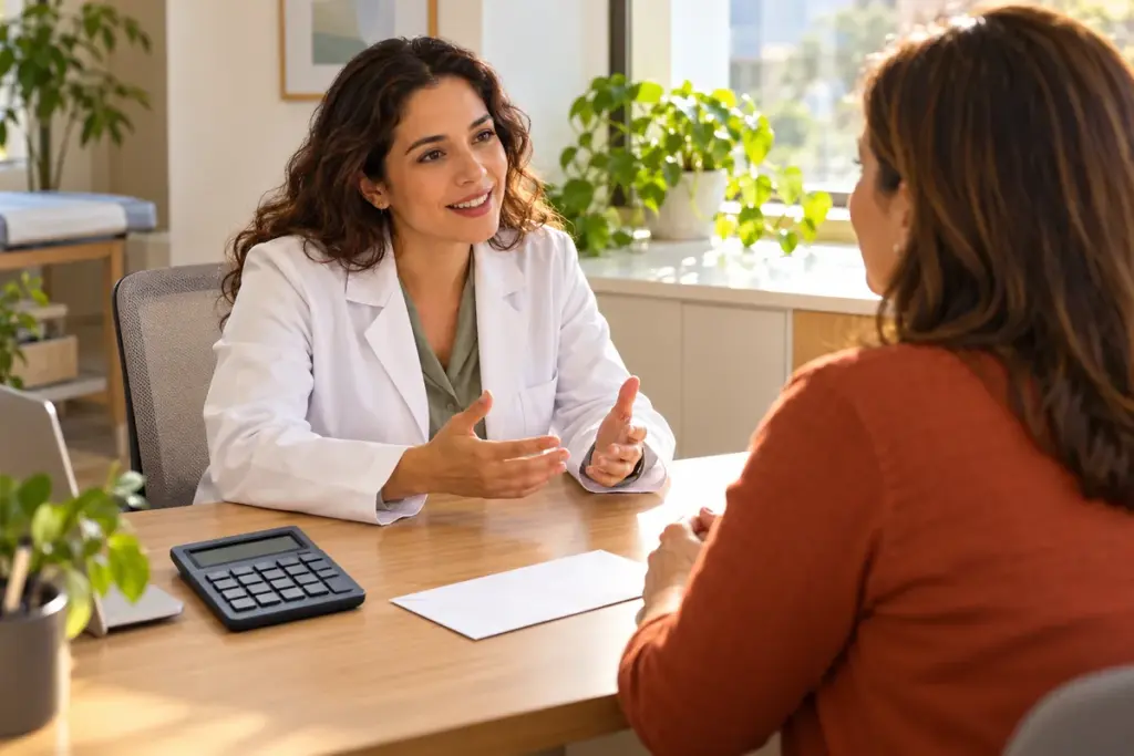 Médica conversa com paciente em consultório, com calculadora sobre a mesa: reajuste do plano de saúde