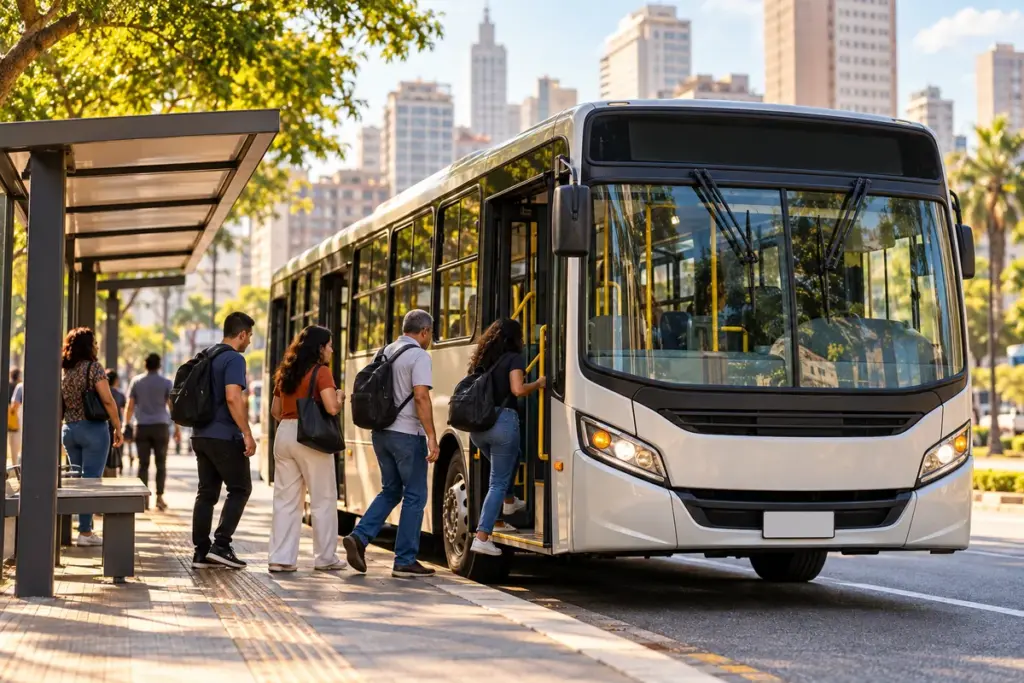 Passageiros embarcando em ônibus urbano em ponto de São Paulo: tarifa de ônibus de R$ 5,30